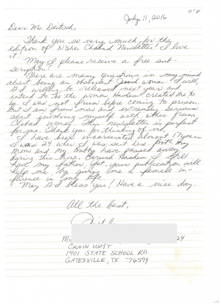 A handwritten letter from a woman receiving N’shei Chabad Newsletter in prison